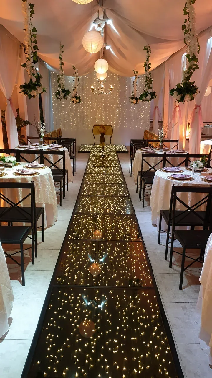 Passarela de LED em casamento intimista. Pista infinita usada como passarela central em decoração acolhedora com flores, tecidos e luz quente.