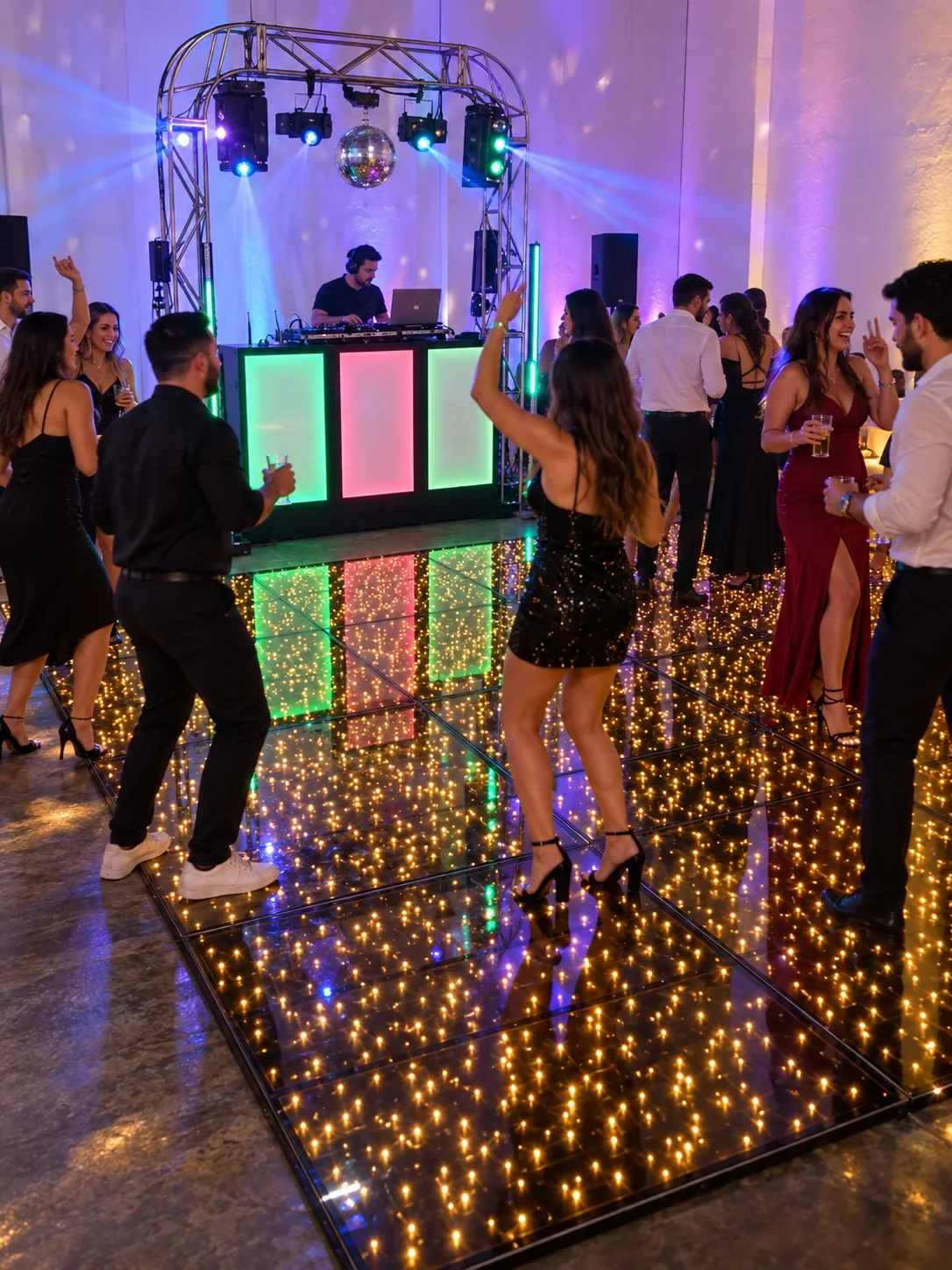 Convidados dançando sobre pista de LED com cabine de DJ e iluminação ao fundo